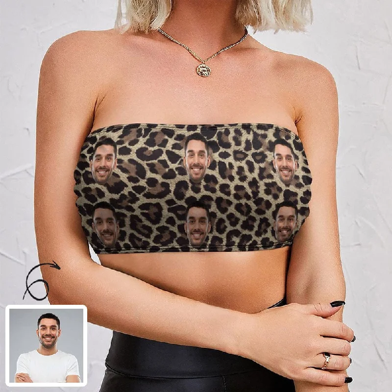 Women's Custom Husband Face Crop Top Leopard Print Tube Top