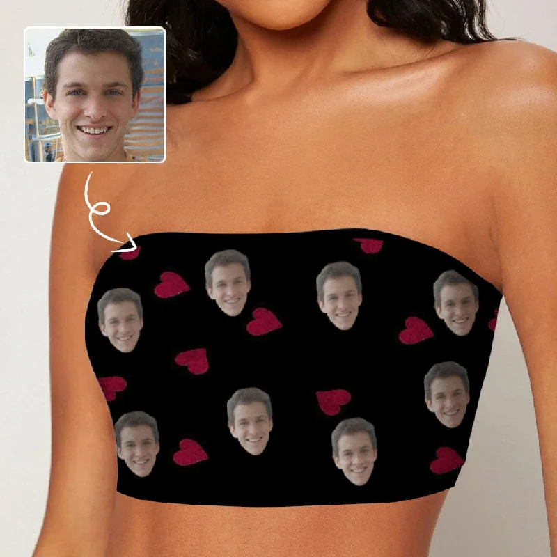 Custom Husband Face Red Heart Black Background Crop Top Personalized Women's Tube Top